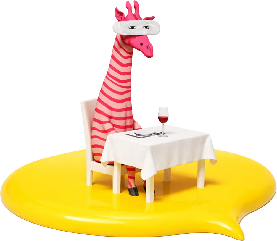 A pink-striped giraffe seated at a laid dinner table on a bright yellow blob