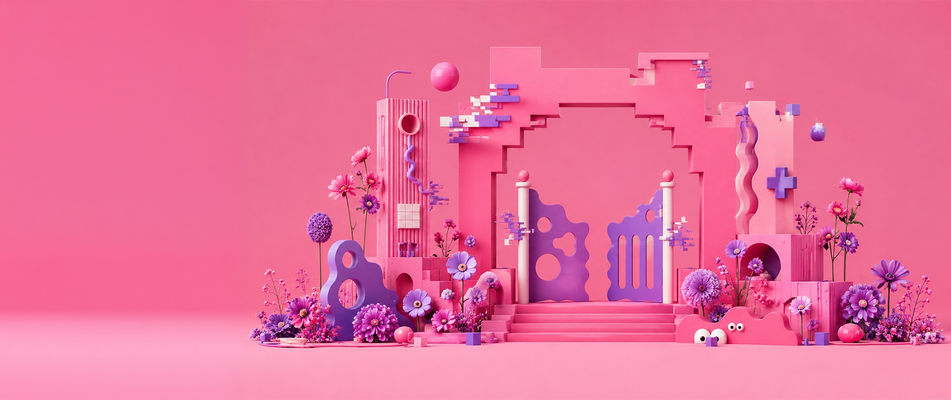 A pink 3D model of an exhibition archway flanked by columns and balloons