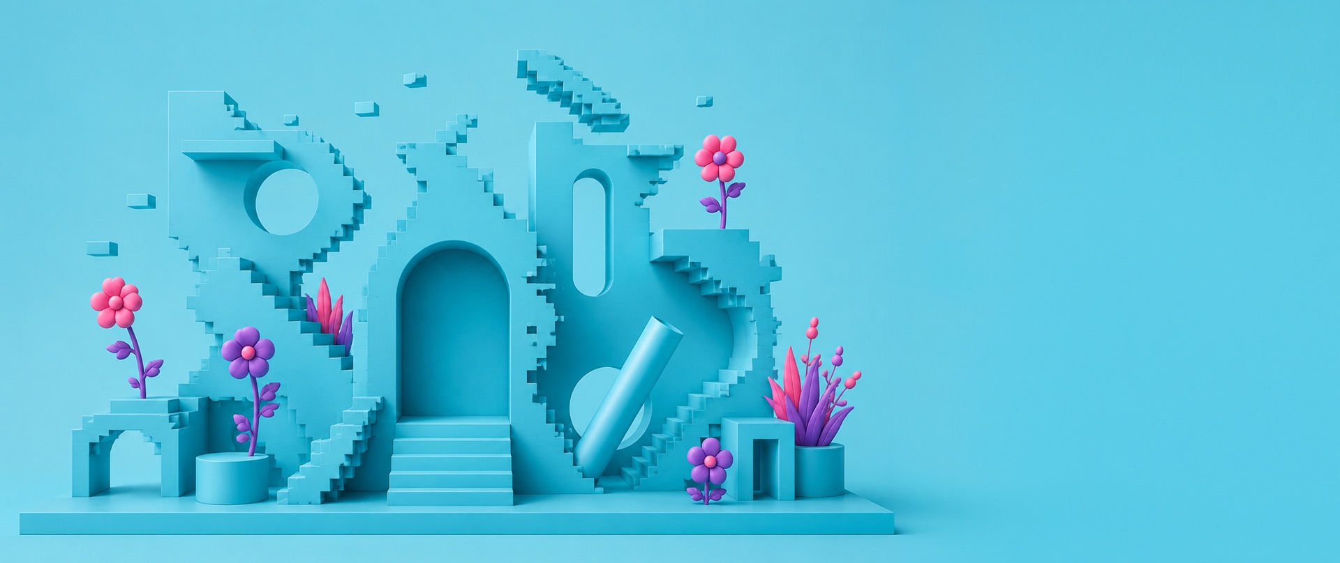 A blue 3D model of an arched museum entrance surrounded by sculpted plants