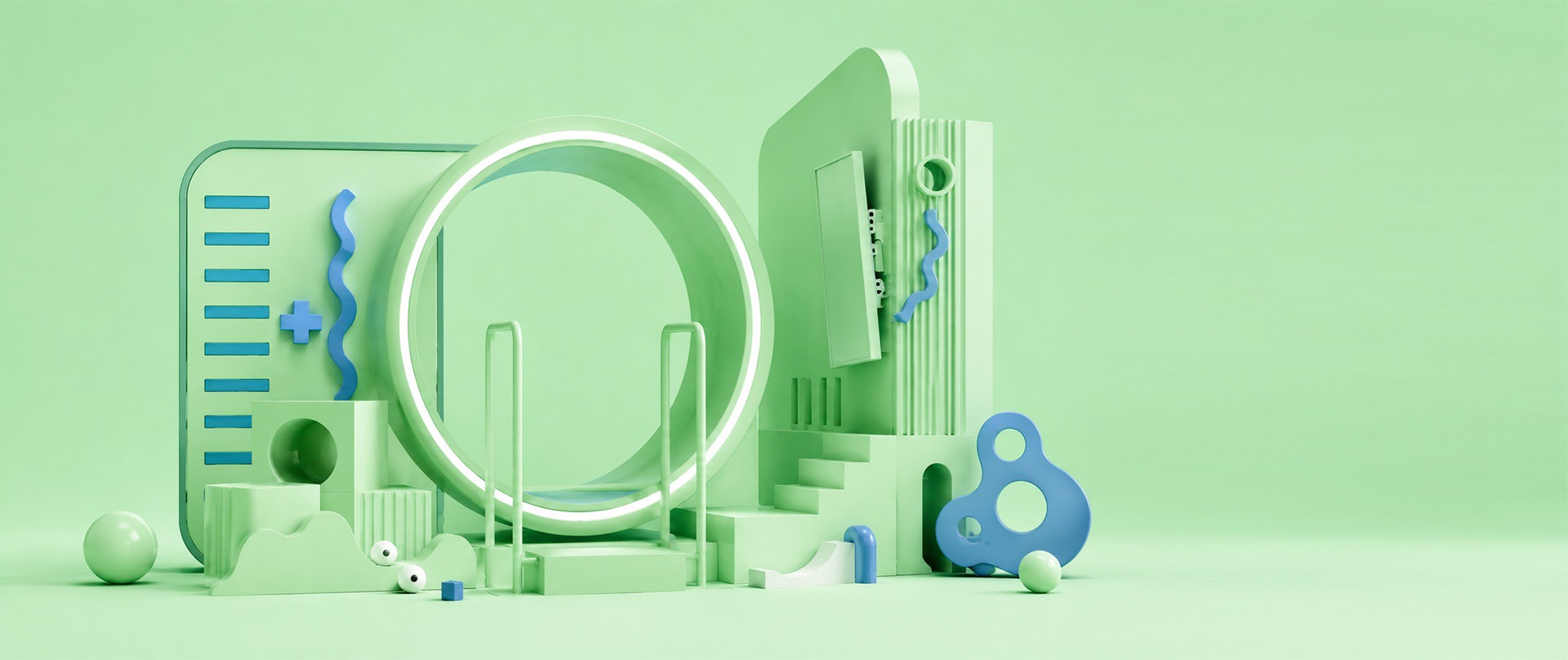 A mint-green 3D model of a pop-up stand built around a circular portal