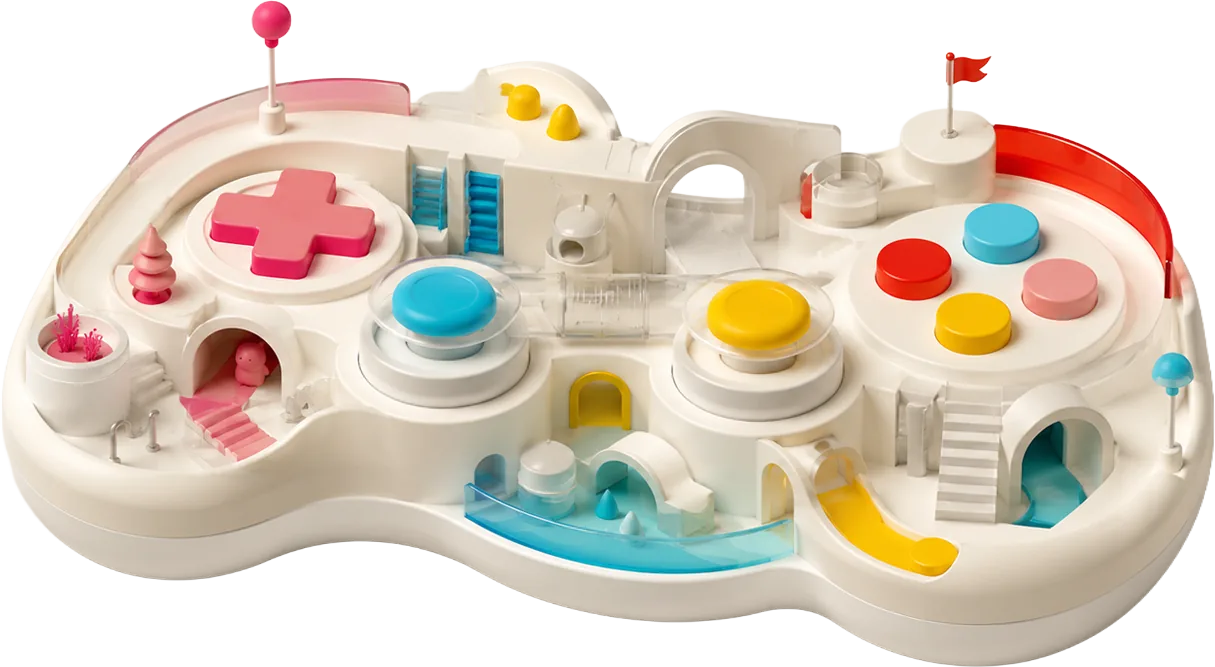 An oversized pastel games controller reimagined as a playground of buttons and slides