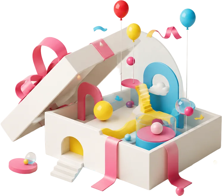 An open white gift box spilling pink ribbons, balloons and confetti
