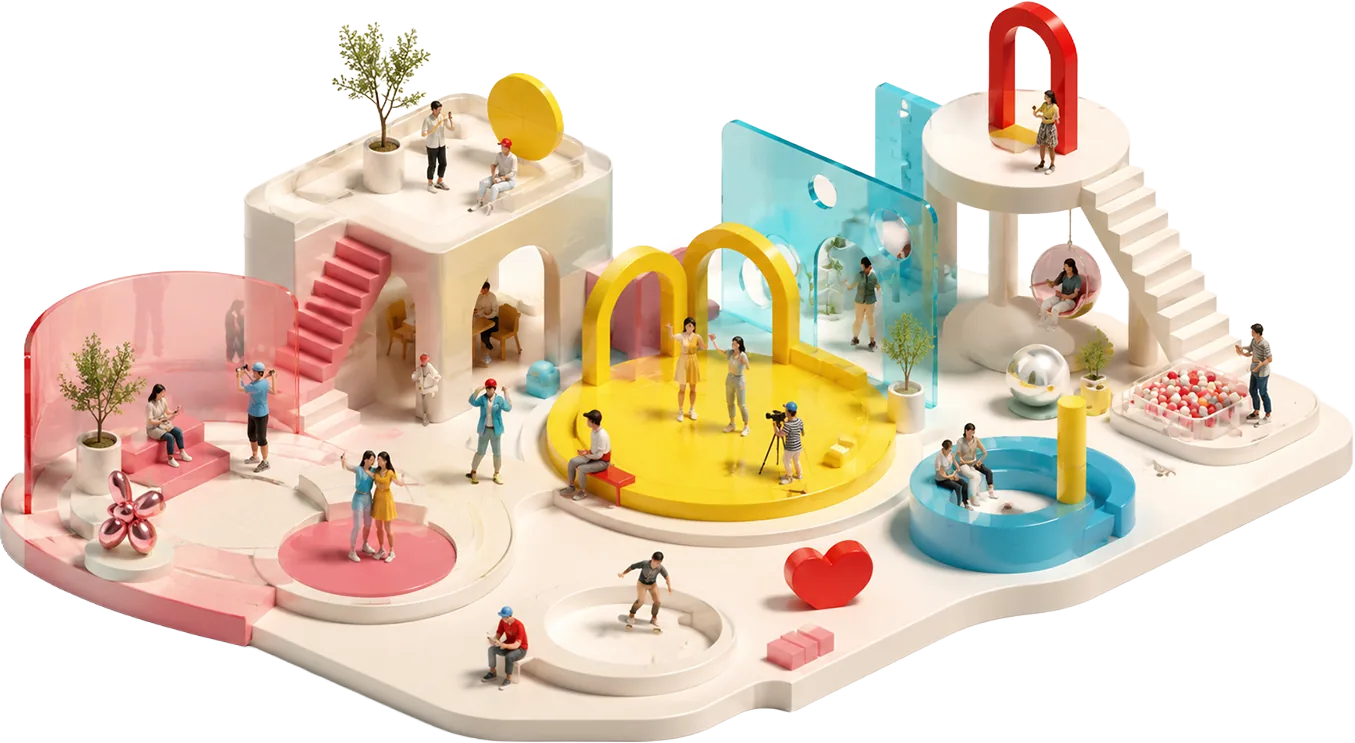 A 3D diorama of a plaza where tiny visitors move between stairways and an arch