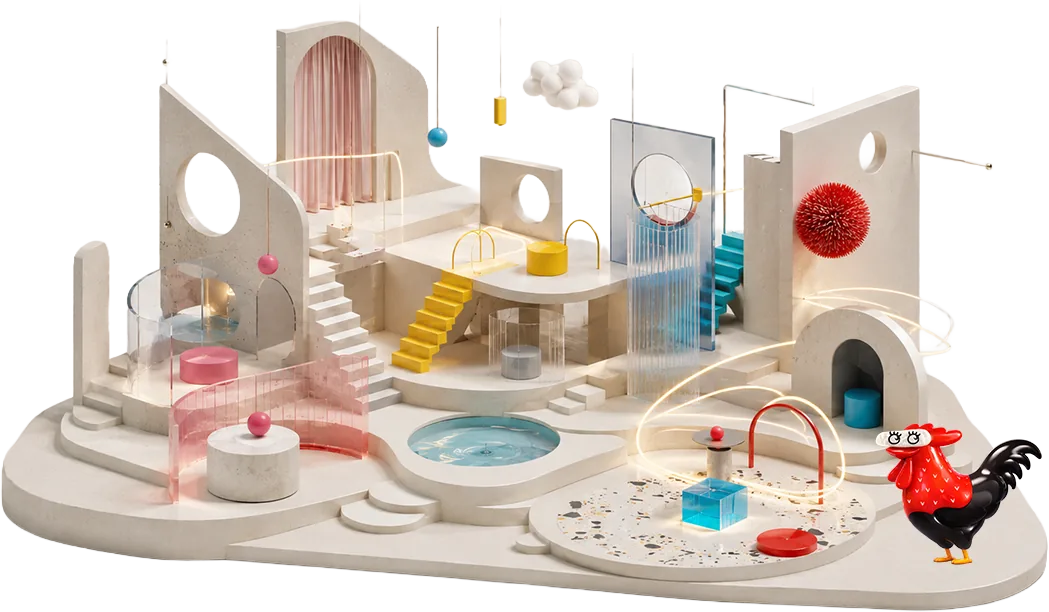 A cream 3D diorama of a multi-level set with pools, stairways and a red rooster