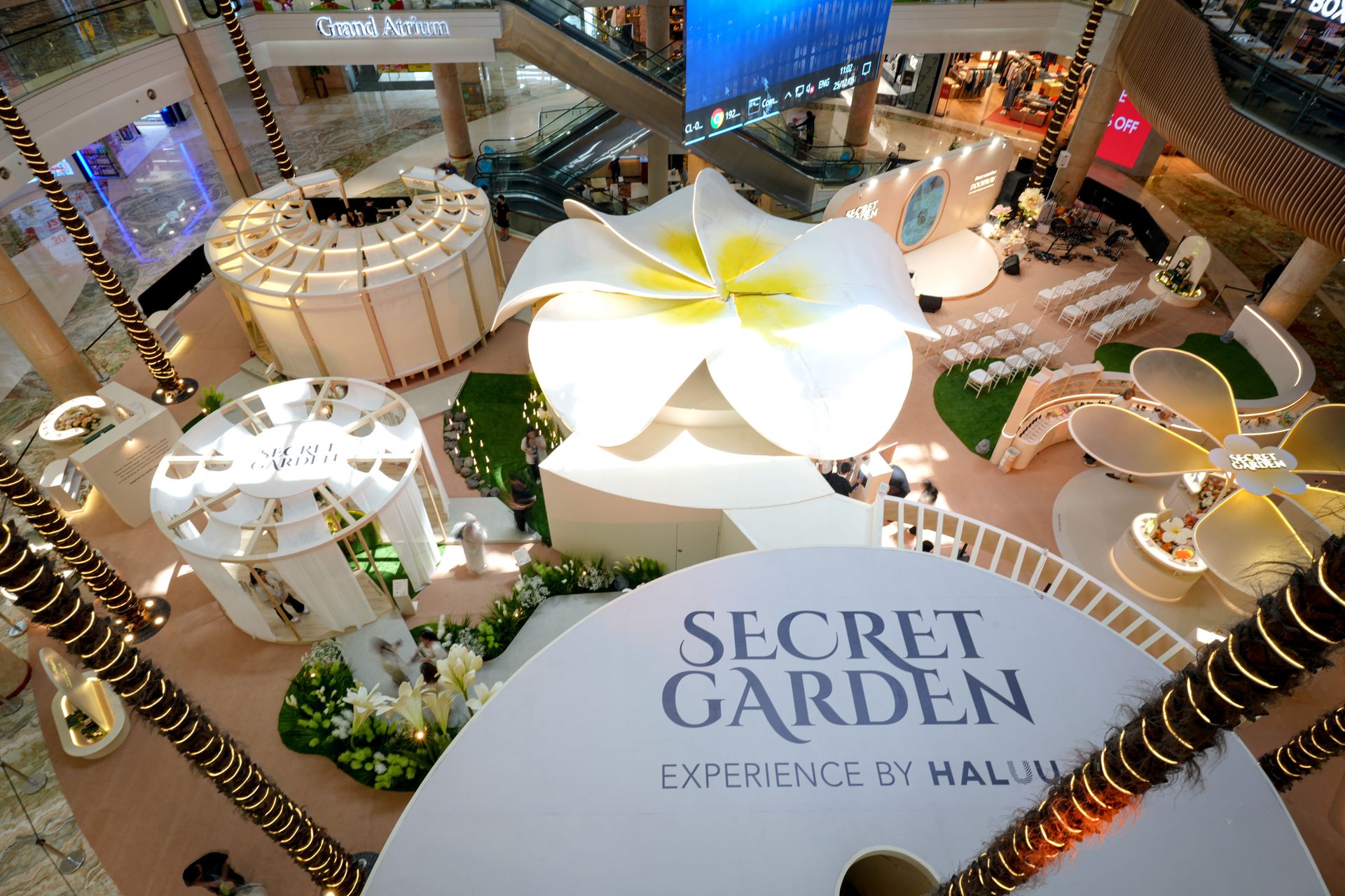 Secret Garden by HALUU — overhead view of the atrium installation