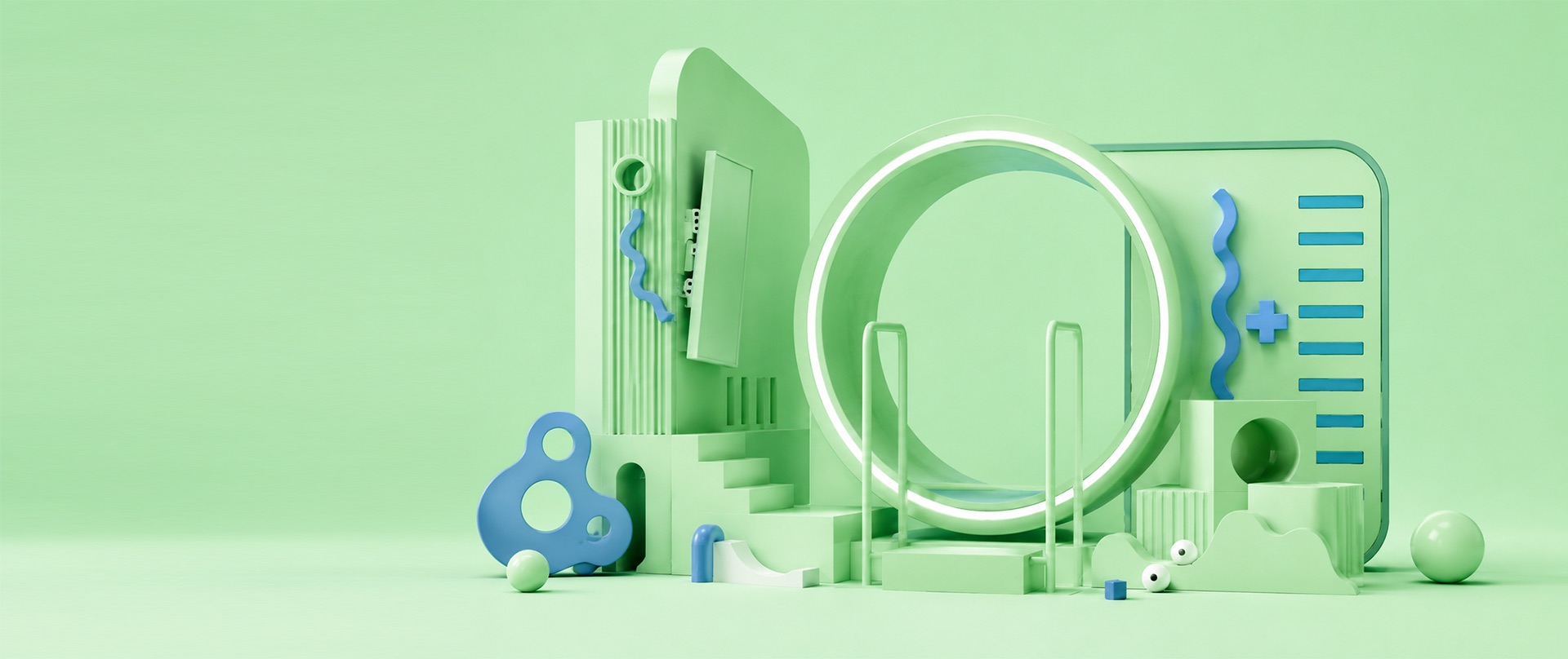 A mint-green 3D model of a pop-up stand built around a circular portal