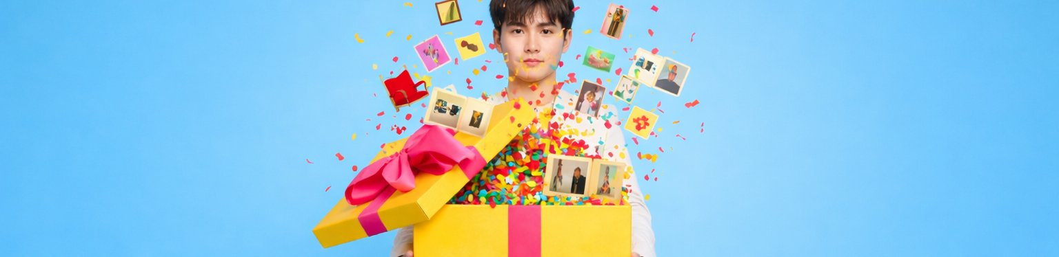 A model in yellow surrounded by branded merchandise