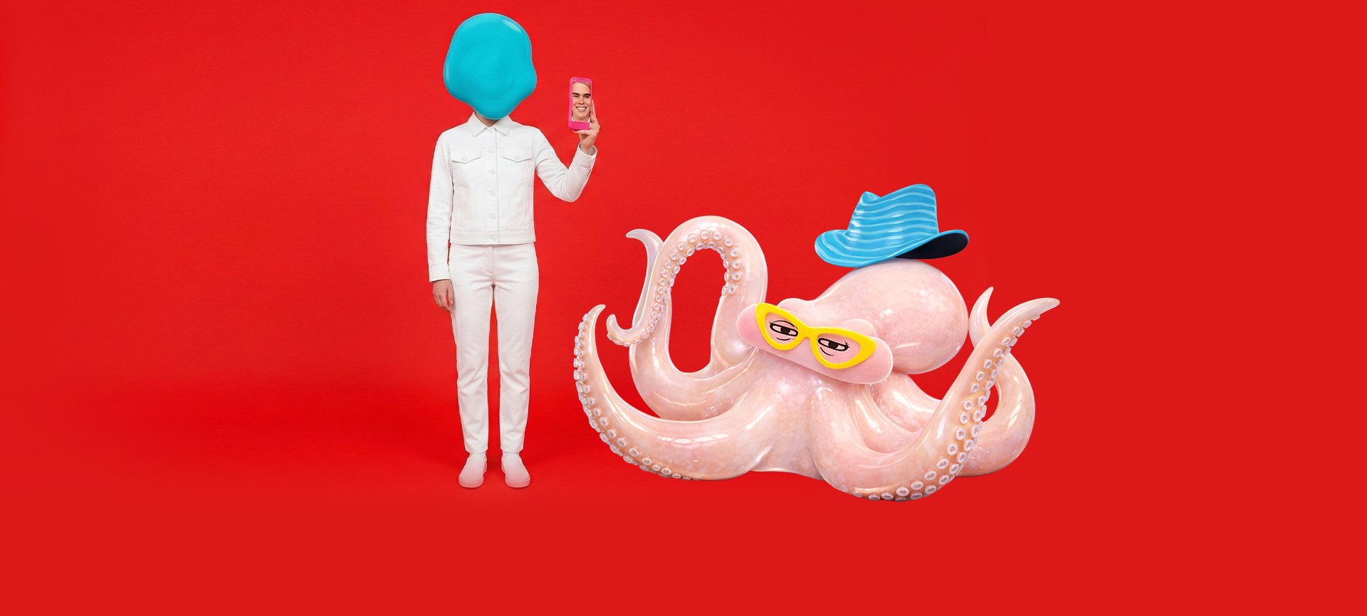 A figure beside a soft octopus sculpture on a red set