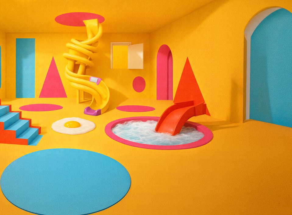 An orange room with a yellow spiral slide