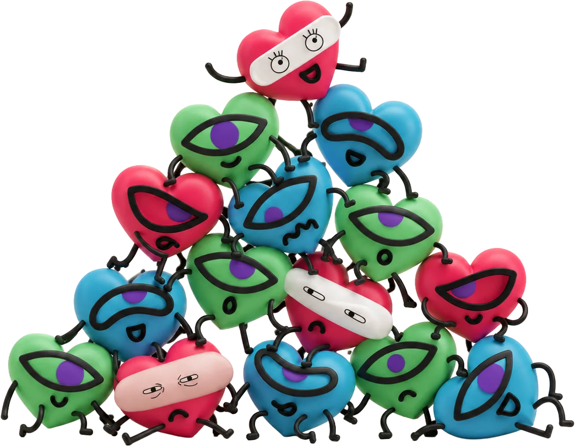 A pyramid of stacked cartoon heart characters with bandaged eyes