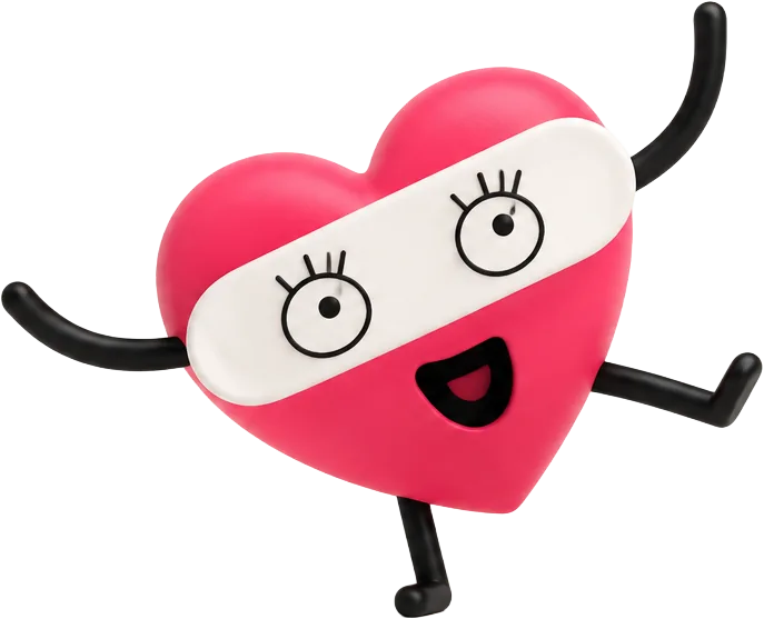 A red cartoon heart character with a bandaged eye, arms and legs