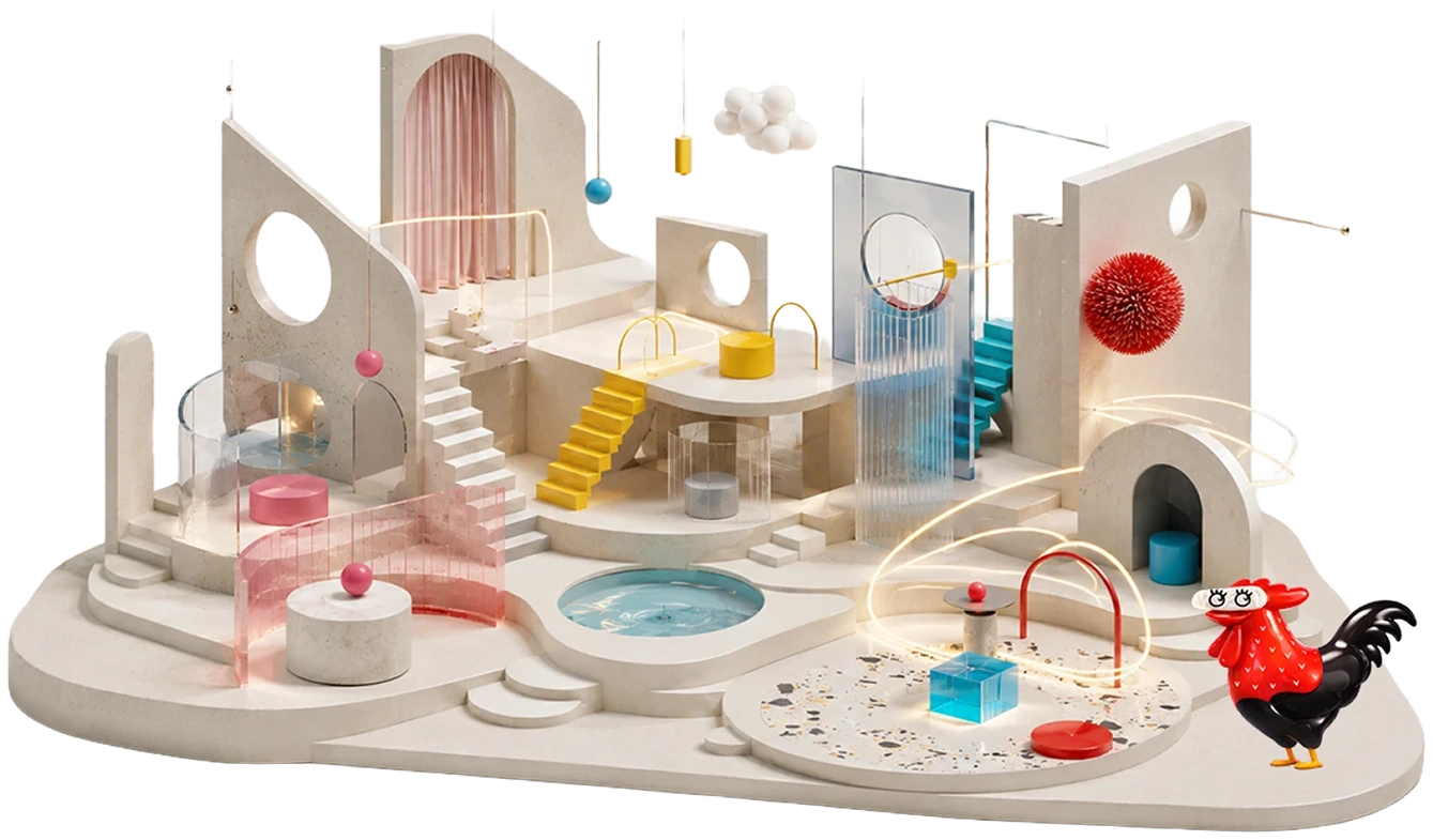 A cream 3D diorama of a layered exhibition set with pools and stairways