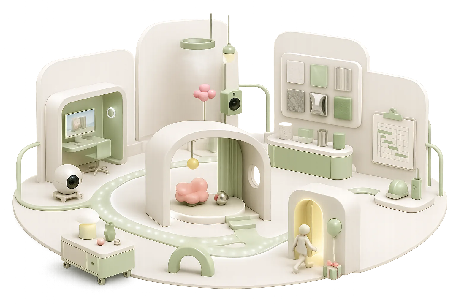 A pale 3D model of a circular clinic-style exhibition set