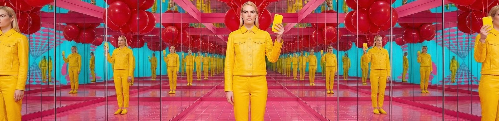 Rows of yellow figures standing in a red mirrored room