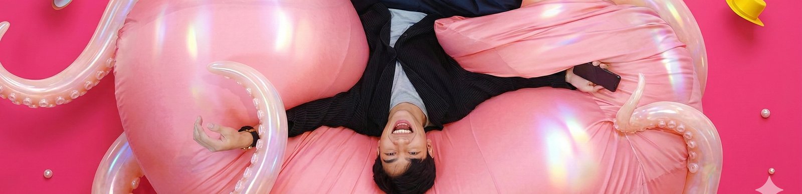 A visitor reclining among pink inflatable forms