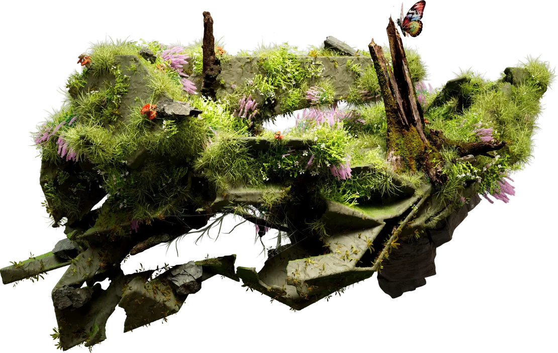A moss-covered terrarium sculpture