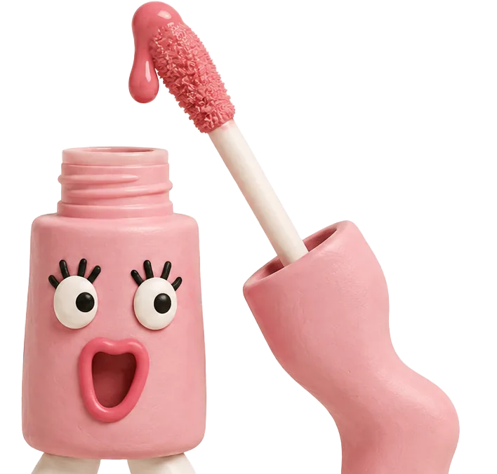 A pink lip-gloss bottle character with wide eyes and an open mouth