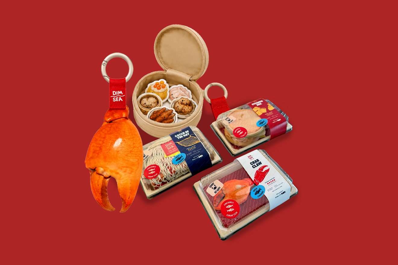 Dimsea merchandise — crab keychain and dim sum snack packs