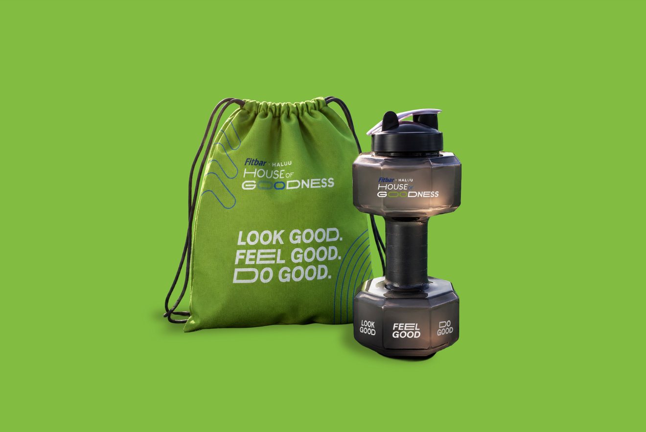 Fitbar House of Goodness merchandise — drawstring bag and dumbbell water bottle