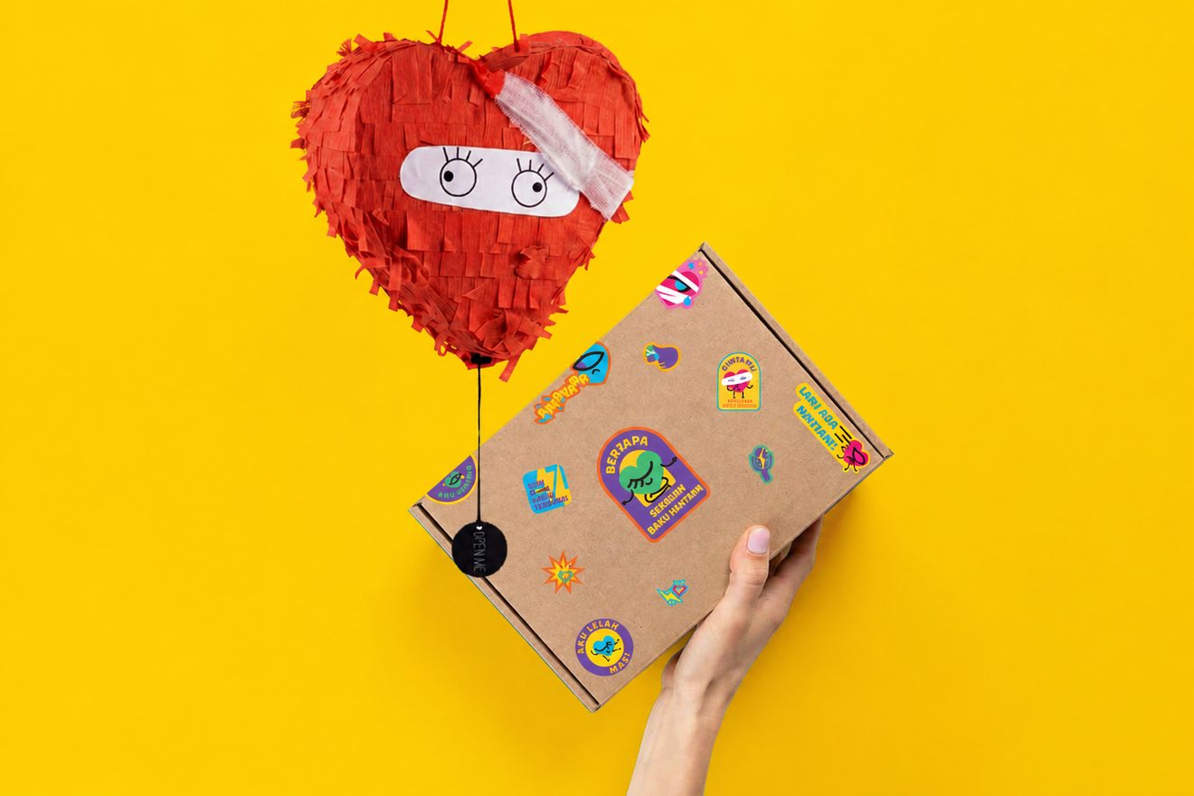 Museum Patah Hati heart pinata and sticker-covered keepsake box